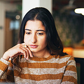 Thinking, serious and business woman problem solving, event planning or ...