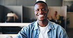 Creative, portrait and smile of business black man in office for development or job opportunity. Ambition, confident and ready with happy African employee in workplace for start of design career