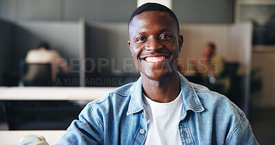 Buy stock photo Creative, portrait and smile of business black man in office for development or job opportunity. Ambition, confident and ready with happy African employee in workplace for start of design career