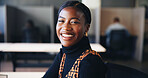 Design, portrait and smile of business black woman in office for career opportunity or development. Ambition, excited and happy with African employee in creative workplace for start of new job