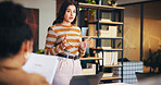 Presentation, speaker and meeting with business woman in office for workshop, teamwork and idea. Planning, collaboration and teaching with employees in agency for support, advice and brainstorming
