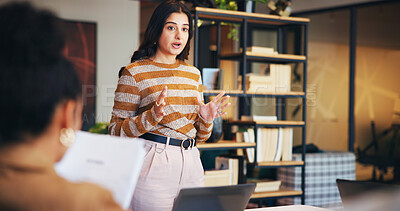 Buy stock photo Presentation, speaker and meeting with business woman in office for workshop, teamwork and idea. Planning, collaboration and teaching with employees in agency for support, advice and brainstorming