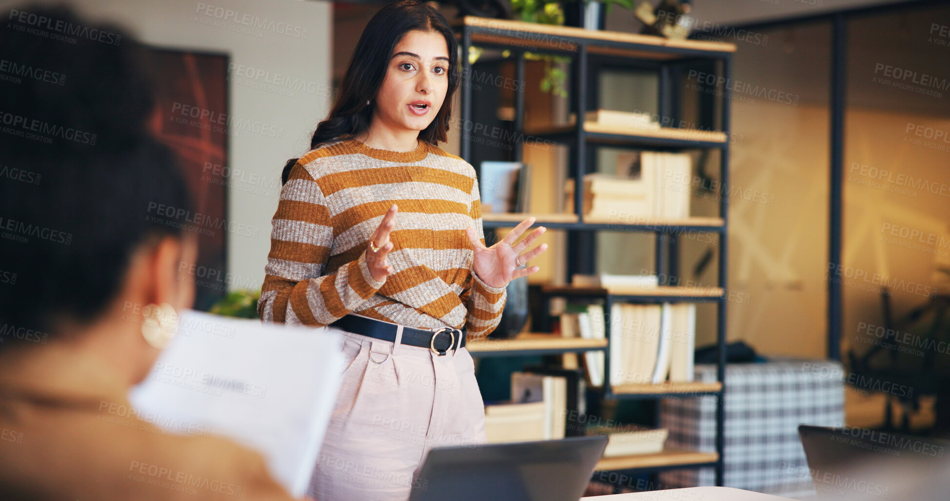 Buy stock photo Presentation, speaker and meeting with business woman in office for workshop, teamwork and idea. Planning, collaboration and teaching with employees in agency for support, advice and brainstorming