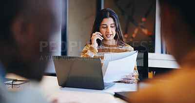 Buy stock photo Business people, woman and laptop with phone call, document and research for sales agency and internet. Employees, coworking and consulting with tech, networking or connection with info and paperwork
