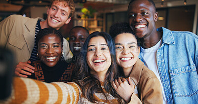 Buy stock photo Smile, group and people for selfie in office for photography, social media post and team building POV. Happy, employees and hug for profile picture update, staff party and bonding together for memory