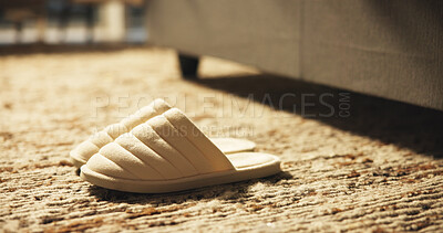 Buy stock photo Plush slippers, home and bedroom floor for fashion, morning and comfortable footwear on rug. House, closeup and shoes on carpet by bedside with interior of apartment, empty room and soft accessory