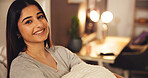 Portrait, smile and woman in bed at house at night with pyjamas, relax and comfortable. Happy, female person and rest with blanket for weekend break, ready to sleep and cozy with warm bedding in home
