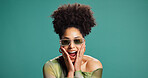 Excited, fashion and happy woman in studio for shout, surprise and good news or announcement. African person,  mouth open and gesture for shock, discount or gossip on green background with space