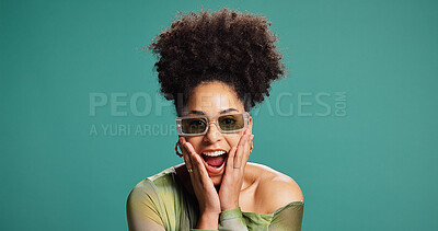 Buy stock photo Excited, fashion and happy woman in studio for shout, surprise and good news or announcement. African person,  mouth open and gesture for shock, discount or trendy style on green background by space