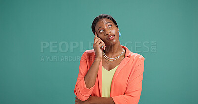 Buy stock photo Fashion, thinking and idea with black woman in studio for reflection, brainstorming and style choice. Plan, clothes decision and inspiration with person on green background for space and vision