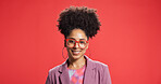 Portrait, smile and woman for fashion in studio with earrings, glasses and trendy clothes. Happy, African female person and attitude with jewellery, stylish outfit and accessories on red background
