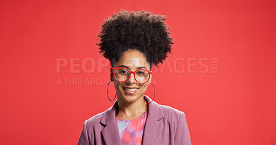 Buy stock photo Portrait, smile and woman for fashion in studio with earrings, glasses and trendy clothes. Happy, African female person and attitude with jewellery, stylish outfit and accessories on red background
