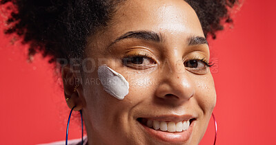 Buy stock photo Woman, portrait and face cream for skincare, hydration and moisturizer treatment with cosmetics in studio. Smile, person and model with product for facial lotion, glow or wellness on red background