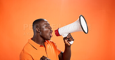 Buy stock photo Black man, megaphone and voice in studio for announcement, broadcast or opportunity. Join us, mockup space or African speaker screaming with noise, giveaway speech or attention on orange background