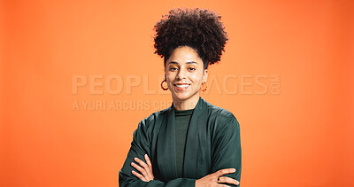 Buy stock photo Portrait, woman and pride as designer in studio background for fashion, trendy clothes and bold style. African female person, space and arms crossed for aesthetic, outfit and jewellery as stylist