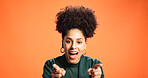 Portrait, excited and woman pointing at you in studio for decision, choice or promotion. Happy African person, gesture and pick option, selection or winner with opportunity on orange background space