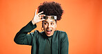 Excited, wow and happy woman in studio for success, surprise and good news or announcement. African person,  mouth open and gesture for shock, discount or gossip on green background with space