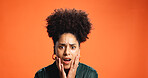 Surprise, portrait and woman with shock in studio for bad news, overwhelmed or panic for crisis. Mockup space, african person or omg reaction on orange background for announcement and unexpected fear