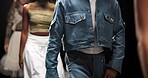People, fashion show or runway with clothing design for branding, advertising or marketiing. Style, designers or fashionable models walking on stage in stylish outfits for garment showcase or display