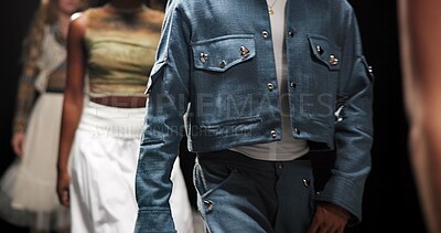 Buy stock photo People, fashion show or runway with clothing design for branding, advertising or marketiing. Style, designers or fashionable models walking on stage in stylish outfits for garment showcase or display