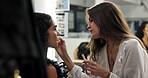 Woman, model or makeup artist backstage with lipstick, touch up or preparation for production. Behind the scenes, people or cosmetics in studio for process, fashion or getting ready for interview