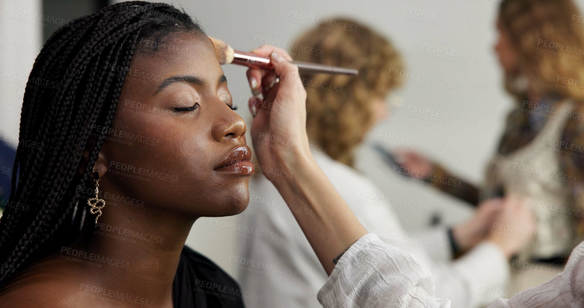 Buy stock photo Preparation, beautician and makeup for model, creative and behind the scenes for photoshoot and set. Getting ready, women and people with cosmetics for makeover, production and artistic routine