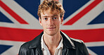 Man, portrait and flag of Britain with pride, confidence or country representative. Local, citizen or banner of Union Jack for support, political stance or freedom of speech at symbol of nationality