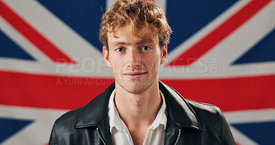 Buy stock photo Man, portrait and flag of Britain with pride, confidence or country representative. Local, citizen or banner of Union Jack for support, political stance or freedom of speech at symbol of nationality