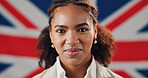 British, flag and smile with portrait of woman for political party, freedom and uk government. Voter support, united kingdom election and democracy with person on union jack background for pride