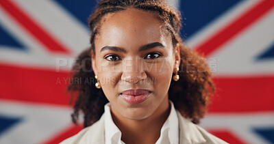 Buy stock photo British, flag and smile with portrait of woman for political party, freedom and uk government. Voter support, united kingdom election and democracy with person on union jack background for pride