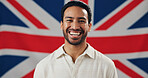 British flag, patriot and portrait of happy man with pride, confidence and country loyalty. Britain, heritage and person laughing with United Kingdom symbol for nationality, citizenship or patriotism