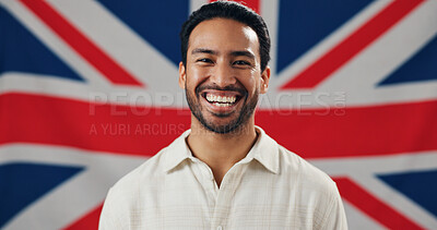 Buy stock photo British flag, patriot and portrait of happy man with pride, confidence and country loyalty. Britain, heritage and person laughing with United Kingdom symbol for nationality, citizenship or patriotism
