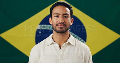 Buy stock photo Brazil, flag  and man with pride for country, holiday or symbol for citizenship, voter and portrait. Political, person and representative for nation, confident and support for patriotism and identity