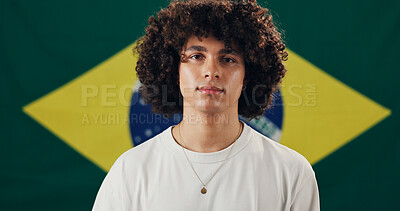 Buy stock photo Brazil flag, voter and man with pride for country, portrait and symbol for citizenship and holiday. Political, person and representative for nation, confident or support for patriotism and identity