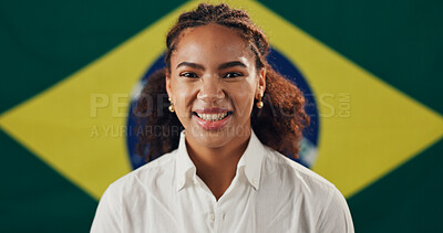 Buy stock photo Portrait, loyalty and happy woman with Brazilian flag for culture or freedom of citizenship. Face, female person and country banner for pride, national patriotism or symbol of democracy by background
