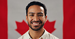 Man, portrait and Canada flag with identity, pride and country or nationality for citizenship. Confidence, male person and heritage with smile, symbol or emblem for patriotic origin or nation day