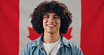 Man, portrait and Canada flag with pride, confidence and country or nationality for citizenship. Happiness, male person and heritage with smile, symbol or emblem for patriotic origin or nation day