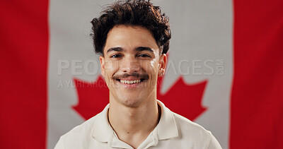 Buy stock photo Happy man, portrait and Canada flag with culture, confidence and country or nationality for citizenship. Smile, person and heritage with pride, symbol or emblem for patriotic origin or nation day