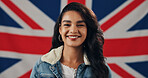 Australian, smile and portrait of woman with flag for national identity, patriotism or loyalty. Australia, voter or confidence with country banner for representation of heritage, citizenship or pride