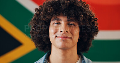 Buy stock photo Man, portrait and flag of South Africa with smile, confidence or country representative. Pride, citizen face or banner of nation for support, political stance or freedom at symbol of nationality
