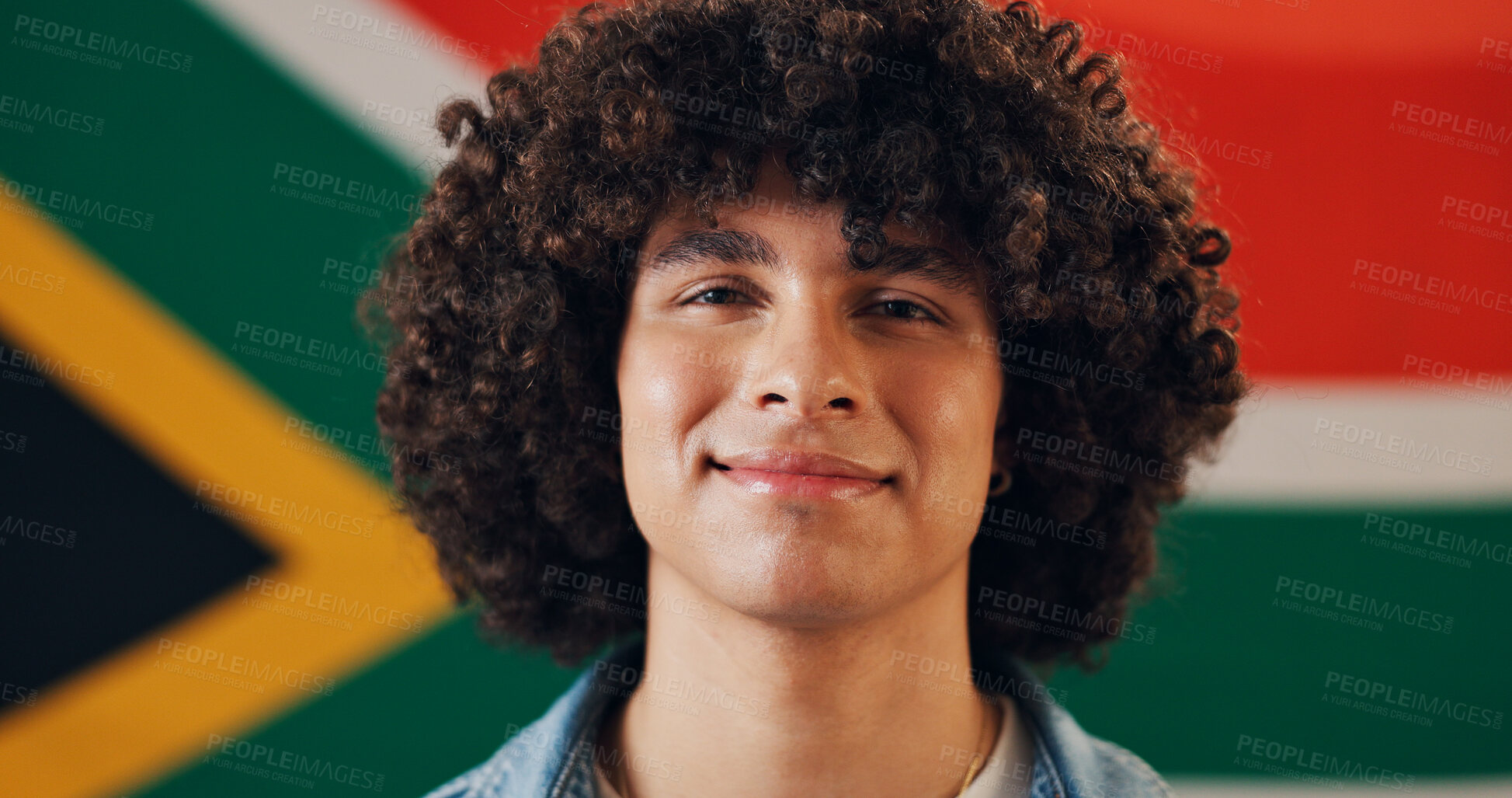 Buy stock photo Man, portrait and flag of South Africa with smile, confidence or country representative. Pride, citizen face or banner of nation for support, political stance or freedom at symbol of nationality