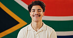 Portrait, man and pride with flag of South Africa, national loyalty and cultural event for heritage. Smile, male person and symbol of democratic country, proud citizen and patriotism representative