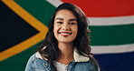 Portrait, woman and pride with flag of South Africa, national loyalty and cultural event for heritage. Smile, female person and symbol of democratic country, proud citizen and patriotism independence