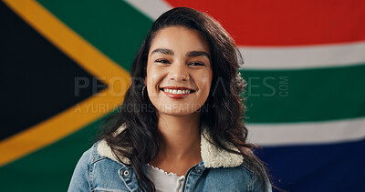 Buy stock photo Portrait, woman and pride with flag of South Africa, national loyalty and cultural event for heritage. Smile, female person and symbol of democratic country, proud citizen and patriotism independence