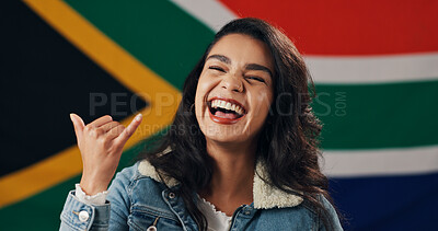 Buy stock photo Happy, woman and proud of South Africa, flag and symbol for patriotism in country, voter or citizen. Portrait, democracy and shaka for national sign on Human Rights day, laugh and person with loyalty