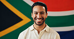 Portrait, smile and man with flag of South Africa, national loyalty and cultural event for heritage. Happy, male person and symbol of democratic country, proud citizen and patriotism representative
