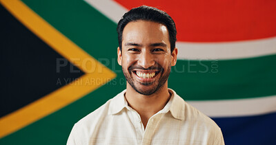 Buy stock photo Portrait, smile and man with flag of South Africa, national loyalty and cultural event for heritage. Happy, male person and symbol of democratic country, proud citizen and patriotism representative