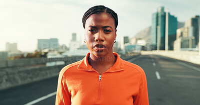 Buy stock photo Serious, fitness and portrait of woman in city for running, workout or training for marathon. Confident, sports and face of female athlete from Brazil with cardio exercise on bridge in urban town.