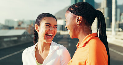 Buy stock photo Friends, happy and women in city for fitness, running and workout for marathon training. Sports, laughing and people in urban town with funny joke after exercise, performance and active in morning