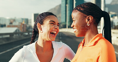 Buy stock photo Laugh, fitness and running with friends in city for workout, teamwork and training club. Exercise, sports challenge and personal trainer with comic women outdoor for performance, funny and comedy